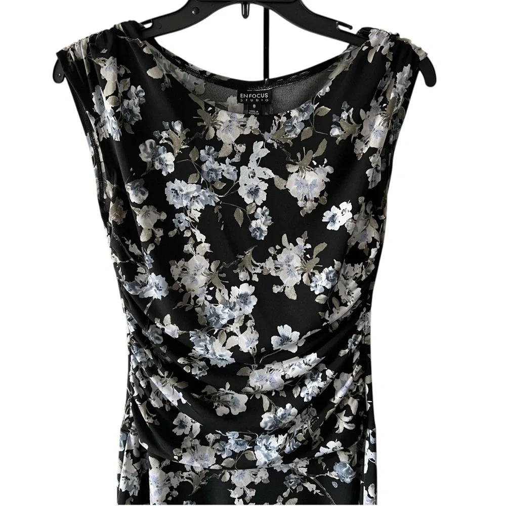 Vintage Floral Ruched Midi Dress Black Blue White Cap Sleeve 90s Cottagecore SM - Picture 2 of 9